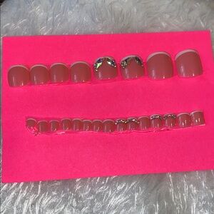 Pink Press-On Toe Nails with Rhinestone Accents